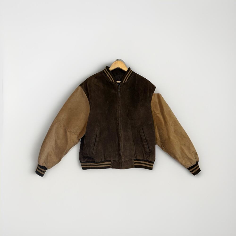 Vintage Suede Leather Varsity Bomber Jacket Men’s XL Brown Tan Princeton NJ 90s